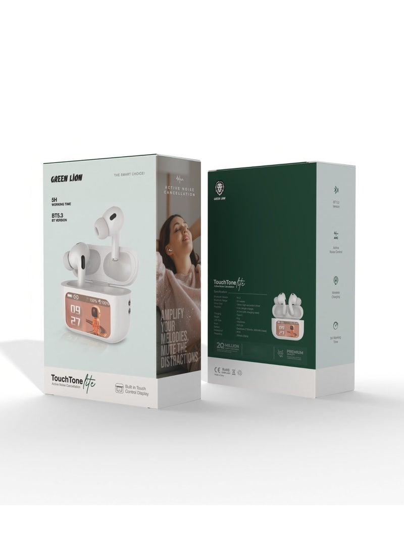 GREEN LION - Touch Tone Lite TWS with Active Noise Cancellation and Built in Touch Control Display / 300mAh Case Battery Capacity / Wireless Charging / V5.3 Bluetooth Version / IPX5 Waterproof / Built in Touch Control Display - White - Image 1