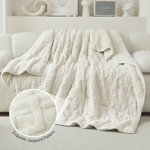 Wemore Weighted Blanket for Adults Twin Size 15 lbs, Dual Sided Soft Fuzzy Jacquard Sherpa Weighted Blankets for Sleeping, Cozy Fluffy Knitted Heavy Blanket for Couch Bed, Cream White, 60 x 80 inches - Image 5