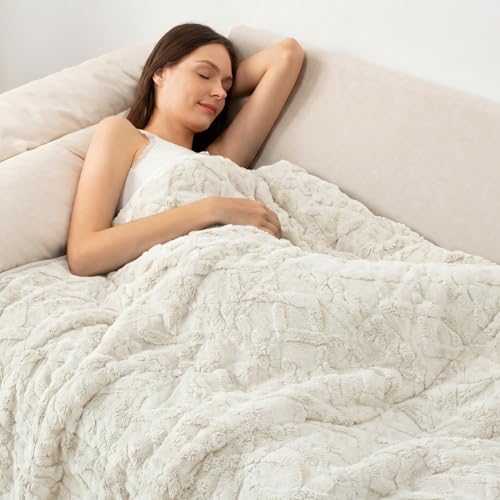 Wemore Weighted Blanket for Adults Twin Size 15 lbs, Dual Sided Soft Fuzzy Jacquard Sherpa Weighted Blankets for Sleeping, Cozy Fluffy Knitted Heavy Blanket for Couch Bed, Cream White, 60 x 80 inches - Image 1