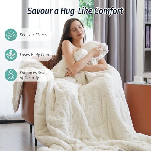 Wemore Weighted Blanket for Adults Twin Size 15 lbs, Dual Sided Soft Fuzzy Jacquard Sherpa Weighted Blankets for Sleeping, Cozy Fluffy Knitted Heavy Blanket for Couch Bed, Cream White, 60 x 80 inches - Image 4