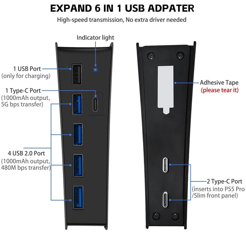 Megadream 6 Ports USB Hub for PS5 Pro/Slim Console, High-Speed Expander Hub Charger Port with 4 USB-A 2.0 + 1 USB Charging Port + 1 Type C Port, Compatible with PlayStation 5 Pro/Slim Front Jacks - Image 2