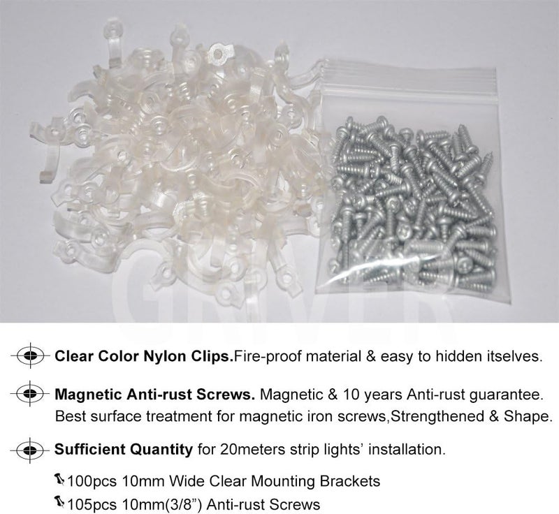 GRIVER 100 Pack Strip Light Mounting Brackets,Fixing Clips,One-Side Fixing,100 Screws Included (Combination package) - Image 2