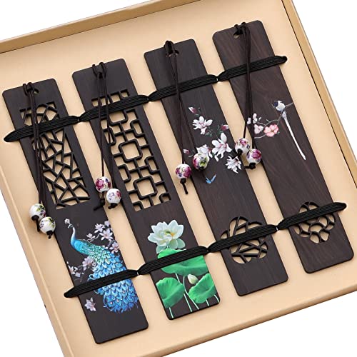 ZIZZON Wooden Bookmark for Men Women, Handmade Natural Wood Carving, Hollow Out and Painted Craft, Ideal Gifts for Men Women Friends Girls Teachers, Birthday Present (Peacock and Lotus) - Image 1