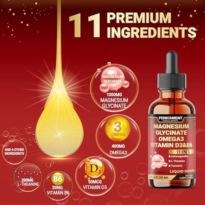 Penhoment 11in1 Magnesium Glycinate Liquid Drop with Omega-3 Supplement, Ashwagandha Drops, L-Theanine, Turmeric, Magnesium Complex Supplement - 1FL Oz - 2 Month Supply - Image 3
