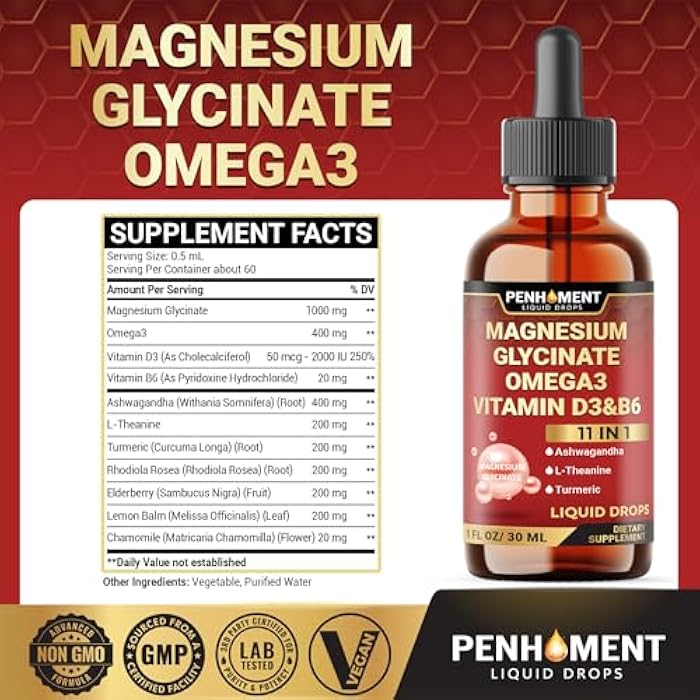 Penhoment 11in1 Magnesium Glycinate Liquid Drop with Omega-3 Supplement, Ashwagandha Drops, L-Theanine, Turmeric, Magnesium Complex Supplement - 1FL Oz - 2 Month Supply - Image 2