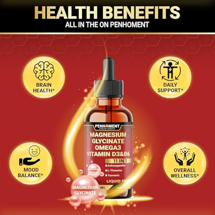 Penhoment 11in1 Magnesium Glycinate Liquid Drop with Omega-3 Supplement, Ashwagandha Drops, L-Theanine, Turmeric, Magnesium Complex Supplement - 1FL Oz - 2 Month Supply - Image 4