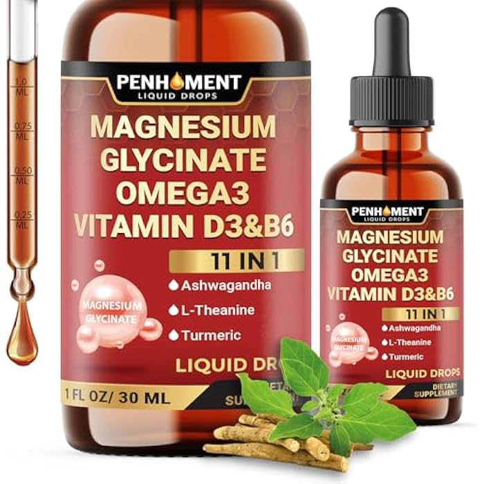 Penhoment 11in1 Magnesium Glycinate Liquid Drop with Omega-3 Supplement, Ashwagandha Drops, L-Theanine, Turmeric, Magnesium Complex Supplement - 1FL Oz - 2 Month Supply - Image 1