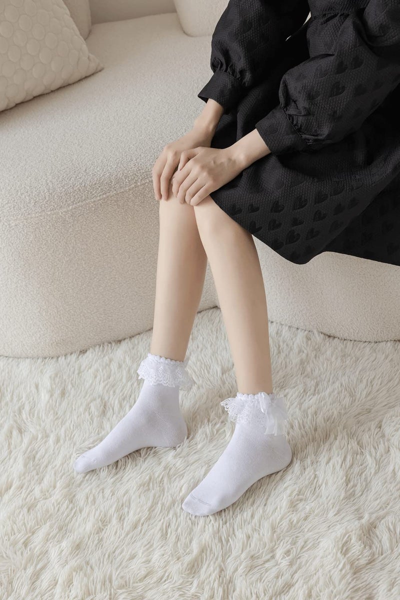 AMHRLINGTO Lace Ruffle Frilly Socks for Women - Lace Ankle Socks with Bow (White-1 Pairs) - Image 2