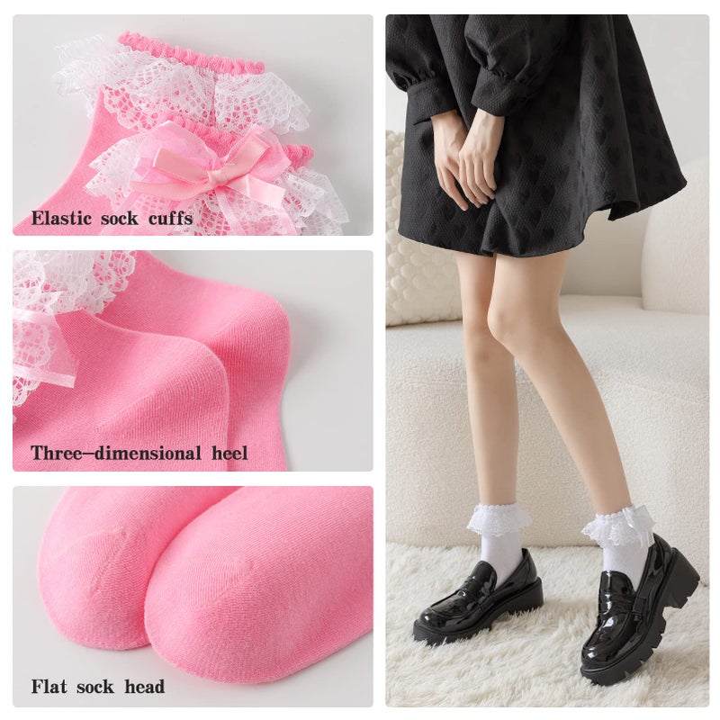 AMHRLINGTO Lace Ruffle Frilly Socks for Women - Lace Ankle Socks with Bow (White-1 Pairs) - Image 4