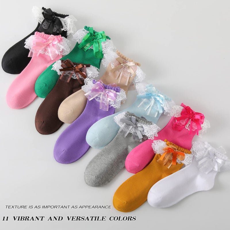 AMHRLINGTO Lace Ruffle Frilly Socks for Women - Lace Ankle Socks with Bow (White-1 Pairs) - Image 5