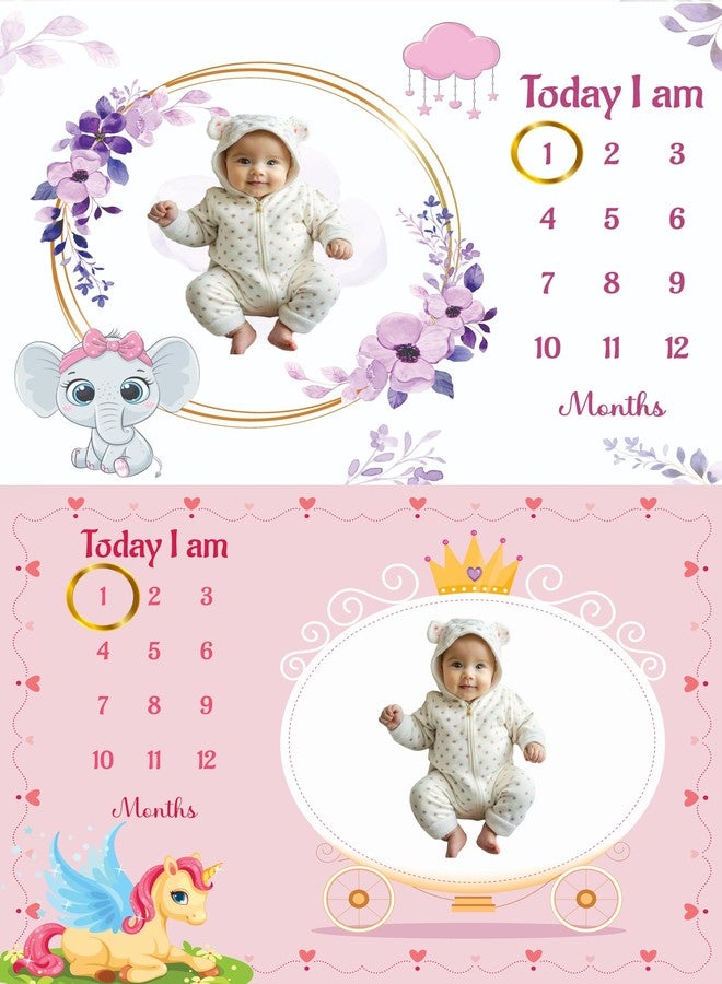 Hoolloomooloo Combo of 2 Baby Monthly Milestone Blankets - Pink Unicorn & Purple Elephant Themes - Soft Fleece for Infant Photo Props, Baby Shower Gifts & Monthly Growth Tracking - Image 1