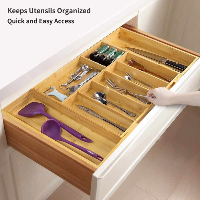 Utoplike Extra Large Kitchen Drawer Organizer, Expandable Bamboo Drawer Holder for Utensils, Silverware, Flatware, 7-9 Slots Cutlery Tray - Image 2