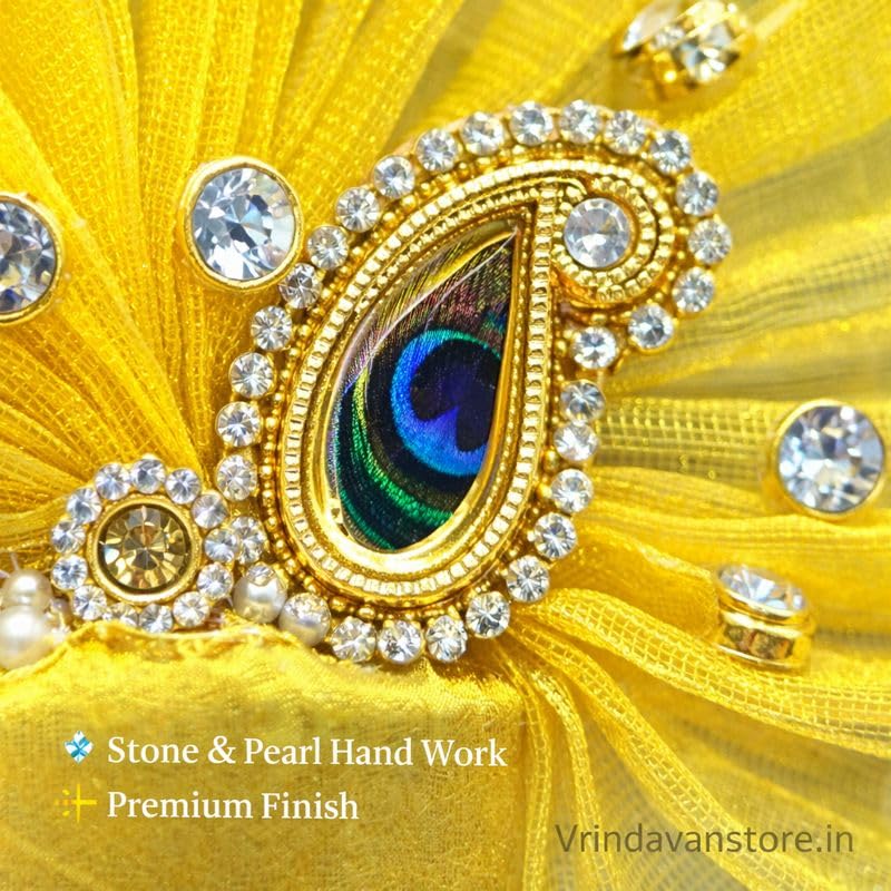 Vrindavanstore.in Handcrafted Mukut for Laddu Gopal (Size 1 No) - Yellow Pagdi Crown with Peacock Feather & Stone Work | Janmashtami Special Decorative Pagdi for Krishna Idol/Laddu Gopal/Kanha Ji - Image 2