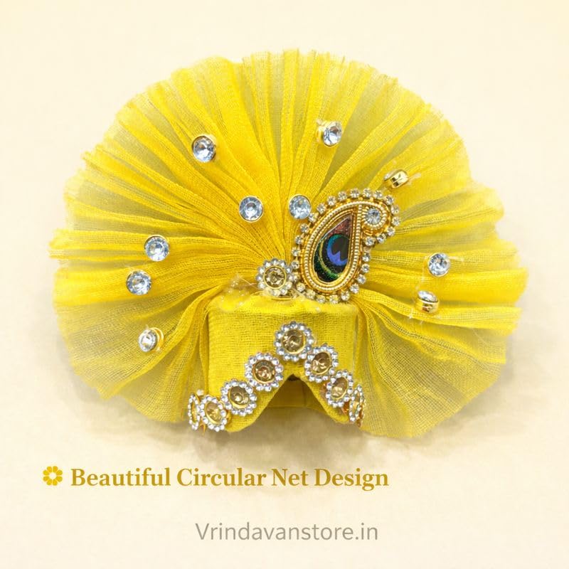 Vrindavanstore.in Handcrafted Mukut for Laddu Gopal (Size 1 No) - Yellow Pagdi Crown with Peacock Feather & Stone Work | Janmashtami Special Decorative Pagdi for Krishna Idol/Laddu Gopal/Kanha Ji - Image 4