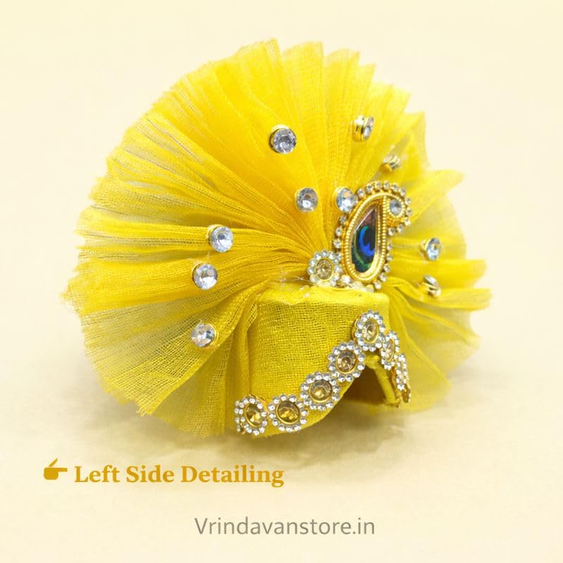 Vrindavanstore.in Handcrafted Mukut for Laddu Gopal (Size 1 No) - Yellow Pagdi Crown with Peacock Feather & Stone Work | Janmashtami Special Decorative Pagdi for Krishna Idol/Laddu Gopal/Kanha Ji - Image 3