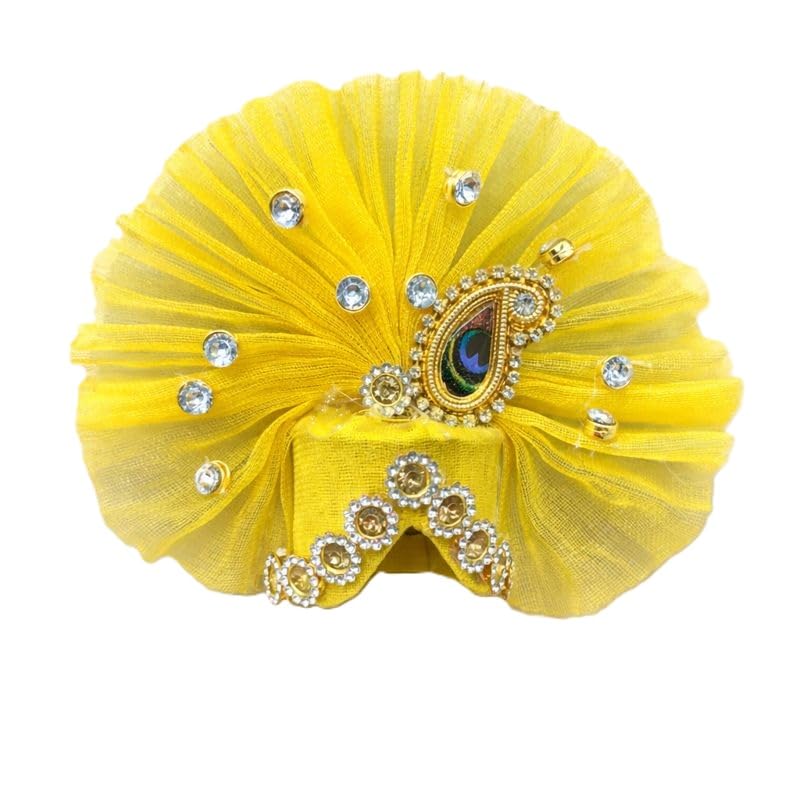 Vrindavanstore.in Handcrafted Mukut for Laddu Gopal (Size 1 No) - Yellow Pagdi Crown with Peacock Feather & Stone Work | Janmashtami Special Decorative Pagdi for Krishna Idol/Laddu Gopal/Kanha Ji - Image 1