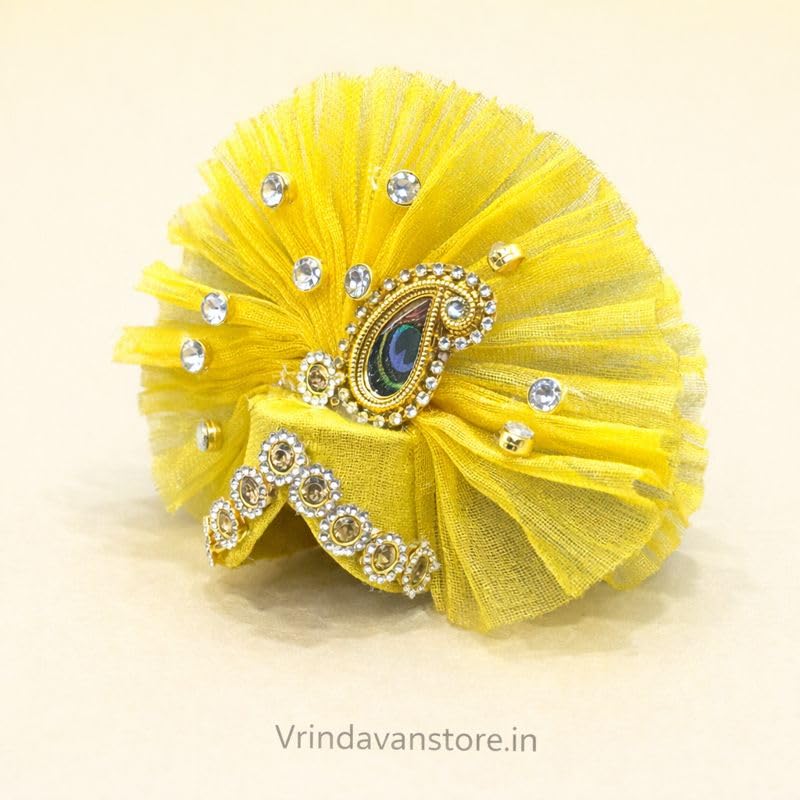 Vrindavanstore.in Handcrafted Mukut for Laddu Gopal (Size 1 No) - Yellow Pagdi Crown with Peacock Feather & Stone Work | Janmashtami Special Decorative Pagdi for Krishna Idol/Laddu Gopal/Kanha Ji - Image 5