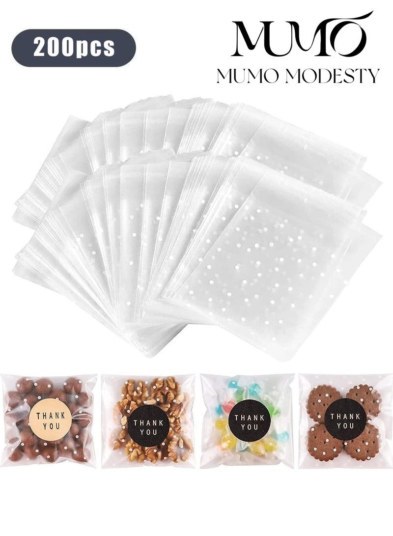 MUMO 200-Piece DIY Self Adhesive Plastic Transparent Candy Cookie Gift Bag, Reclosable White Polka Dot Self Sealing Packaging Bags, Chocolate Small Treat Party Birthday Wedding - Image 1