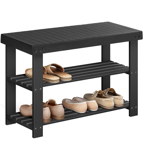 SONGMICS Shoe Rack Bench, 3-Tier Bamboo Shoe Storage Organizer, Entryway Bench, Holds Up to 286 lb, 11.3 x 27.6 x 17.8 Inches, for Entryway Bathroom Bedroom, Ink Black ULBS04H - Image 1