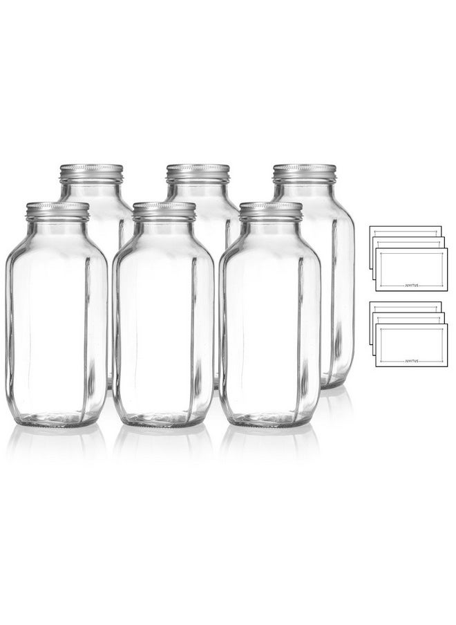 JUVITUS 16 oz / 480 ml Clear Thick Plated Glass French Square Empty Bottle Jar with Metal Silver Lid (6 Pack) Perfect for Home, Travel, Juicing, Kombucha  - Image 1