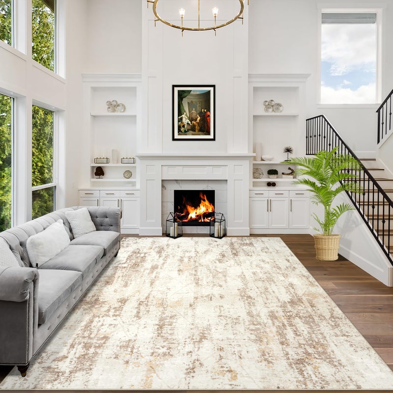 Gent drizz 9x12 Area Rugs Washable Rug: Modern Abstract Living Room Rug Soft Anti-Skid Thin Carpet Indoor Floor Non-Shedding Carpets for Bedroom Dining Room Farmhouse Nursery Home Office Beige Grey - Image 1