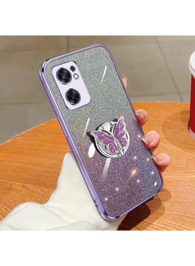 اس-توب جراب لهاتف OPPO Reno7 SE مطلي بطبقة لامعة متدرجة اللون من مادة TPU مع حامل على شكل فراشة - Image 1