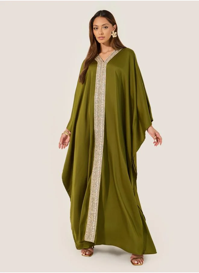ستايلي Styli Satin V-Neck Lace Panel Kaftan