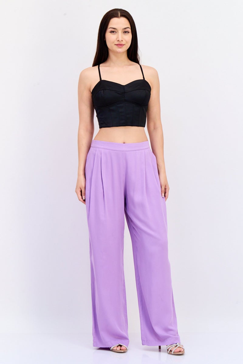 KOTON Women Regular Fit Wide Leg Solid Pants, Purple - Image 3