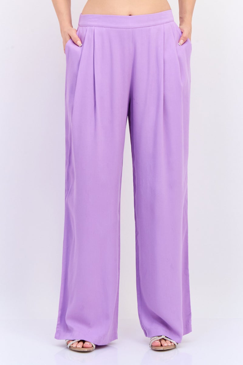 KOTON Women Regular Fit Wide Leg Solid Pants, Purple - Image 1