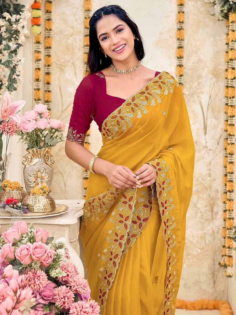 Satrani Women's Shimmer Georgette Scalloped Border Embriodery Saree with Unstitched Blouse Piece (4926S622N_Yellow) - Image 4