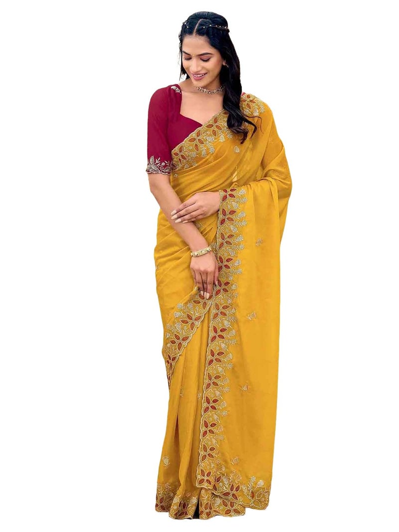 Satrani Women's Shimmer Georgette Scalloped Border Embriodery Saree with Unstitched Blouse Piece (4926S622N_Yellow) - Image 1
