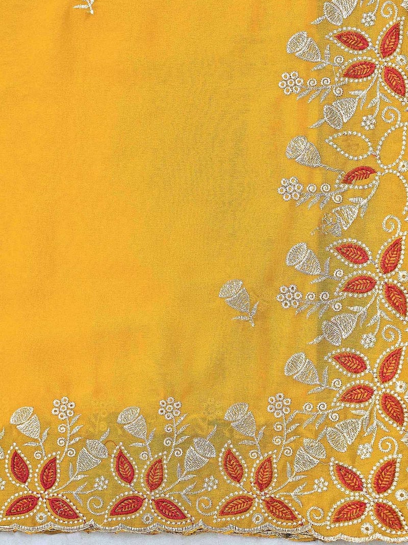 Satrani Women's Shimmer Georgette Scalloped Border Embriodery Saree with Unstitched Blouse Piece (4926S622N_Yellow) - Image 5
