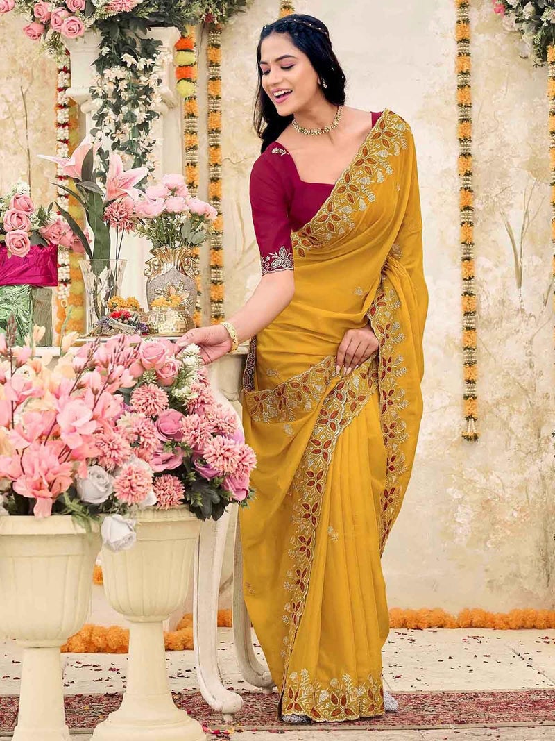 Satrani Women's Shimmer Georgette Scalloped Border Embriodery Saree with Unstitched Blouse Piece (4926S622N_Yellow) - Image 2