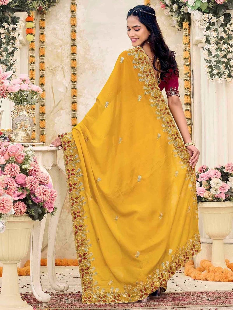 Satrani Women's Shimmer Georgette Scalloped Border Embriodery Saree with Unstitched Blouse Piece (4926S622N_Yellow) - Image 3