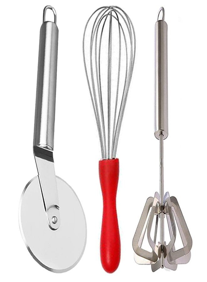 JISUN Stainless Steel Egg Whisk/Egg Beater/Steel Whisk & Pizza Cutter & Mathani/Hand Blender Silver Kitchen Tool Set (Design 13) - Image 1