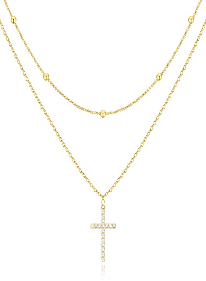 Poxtex قلادة صليب للنساء والفتيات، قلادة صليب رقيقة مطلية بالذهب عيار 14 قيراطًا والفضة، مقاومة للماء، عصرية وبسيطة، مناسبة لعيد الفصح والمعمودية المسيحية، مجوهرات دينية. - Image 1