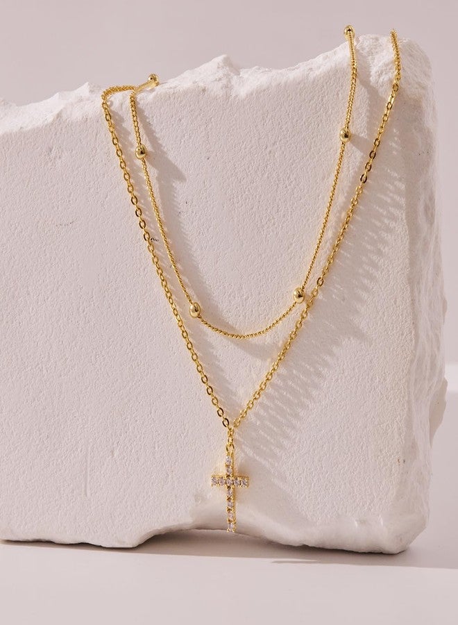 Poxtex قلادة صليب للنساء والفتيات، قلادة صليب رقيقة مطلية بالذهب عيار 14 قيراطًا والفضة، مقاومة للماء، عصرية وبسيطة، مناسبة لعيد الفصح والمعمودية المسيحية، مجوهرات دينية. - Image 2