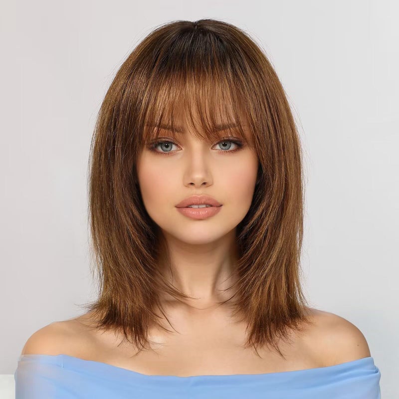 KKU 12 Inch Ombre Brown Wigs Human Hair for Women Remy Human Hair Wigs Human Hair Wigs with Bangs