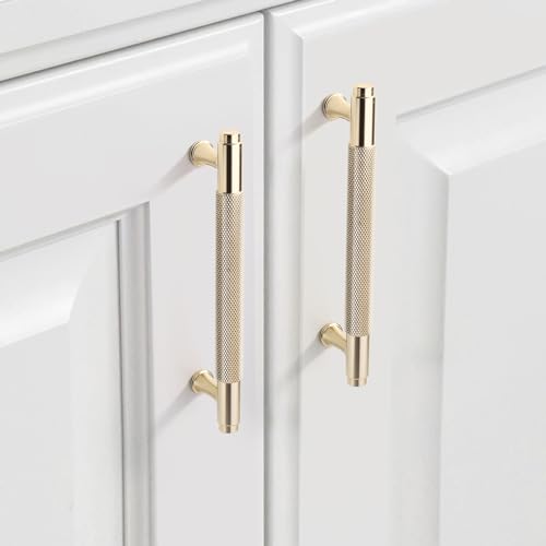 9BUILD 10 Pack Knurled Cabinet Pulls 5 Inch Brushed Gold Kitchen Cabinet Handles Gold Cabinet Hardware Kitchen Handles for Cabinets Brass Drawer Pulls T Bar Drawer Handle - Image 1