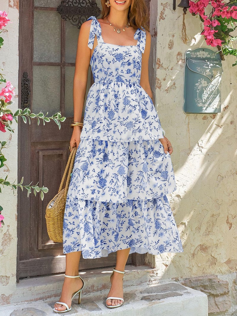 Wenrine Womens Summer Floral Maxi Dress Casual Tie Strap Sleeveless Ruffle Tiered Smocked Loose Boho Beach Dresses Sky Blue - Image 2