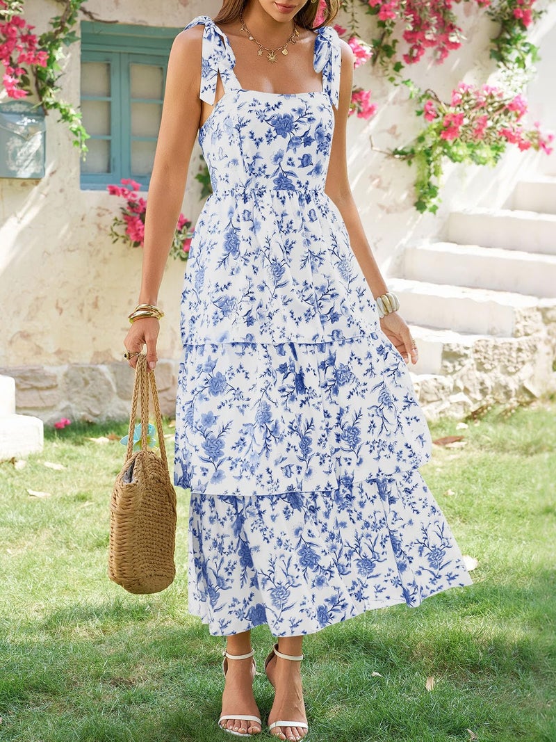 Wenrine Womens Summer Floral Maxi Dress Casual Tie Strap Sleeveless Ruffle Tiered Smocked Loose Boho Beach Dresses Sky Blue - Image 4