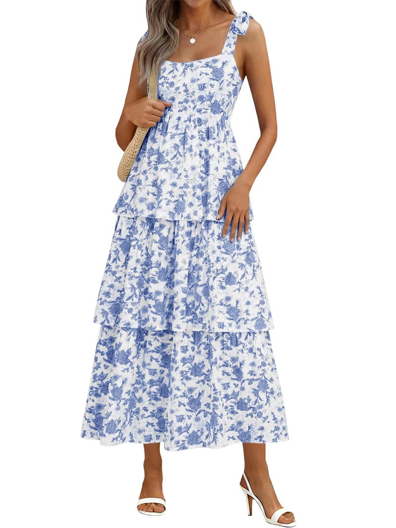 Wenrine Womens Summer Floral Maxi Dress Casual Tie Strap Sleeveless Ruffle Tiered Smocked Loose Boho Beach Dresses Sky Blue - Image 1