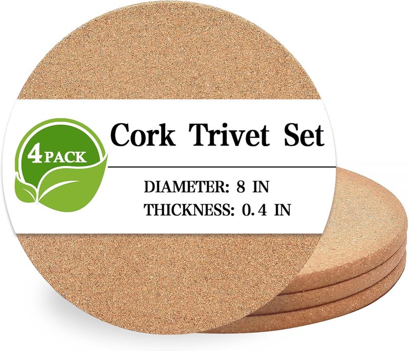 NIJIALGEXPY Cork Trivet, 4 Pack High Density Thick Cork Coasters Set for Hot Dishes, 8 Inch Heat Resistant Multifunctional Corks Trivets for Hot Dishes, Hot Pads for Kitchen, Table, Countertops - Image 1