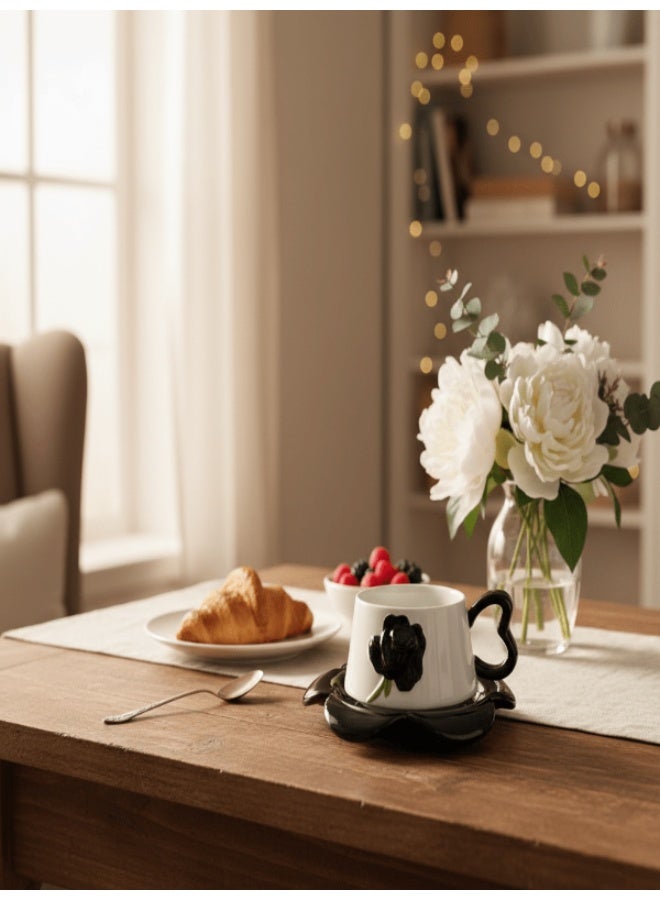 AKDC Ceramic 350 ml  Cup and Saucer Set , Coffee & Tea Cup, Black with White Flower Pattern - Image 2