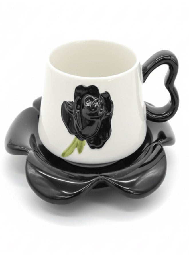 AKDC Ceramic 350 ml  Cup and Saucer Set , Coffee & Tea Cup, Black with White Flower Pattern - Image 1