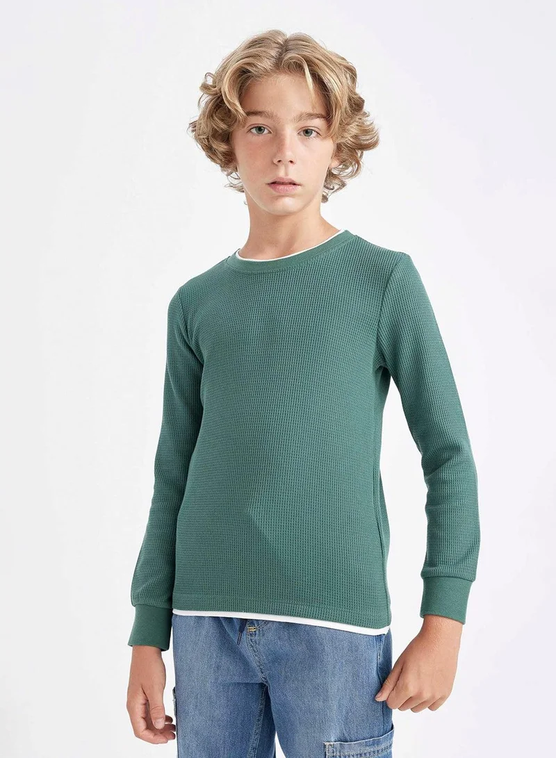 Crew Neck Basic Waffle Long Sleeve T-Shirt