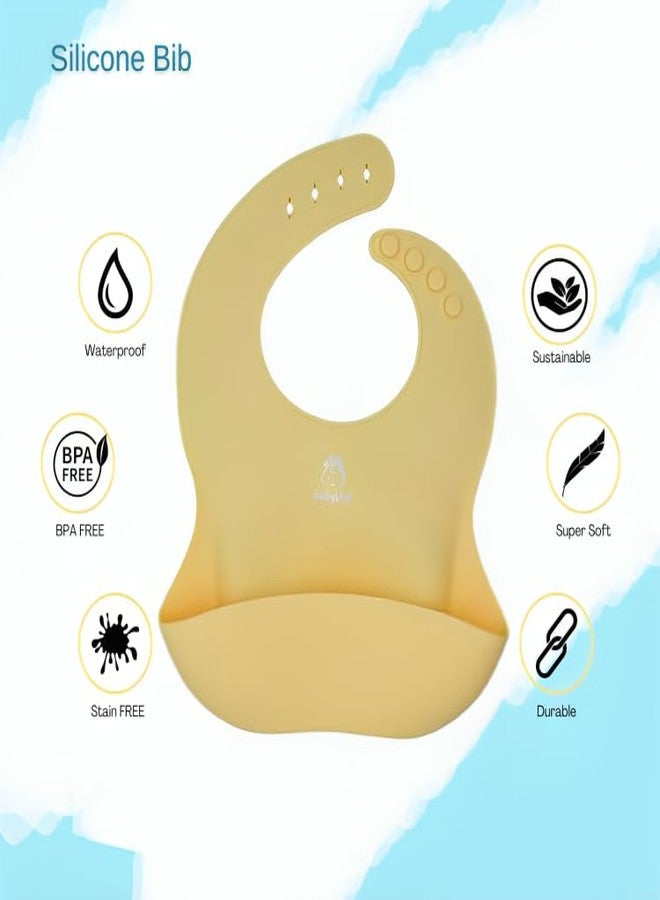 Babylief™ Baby Feeding Set, 4 Pieces, Silicone Bib, Cup with Straw, Bowl with Suction Base and Spoon, Multicolour (Butter Yellow) - Image 2