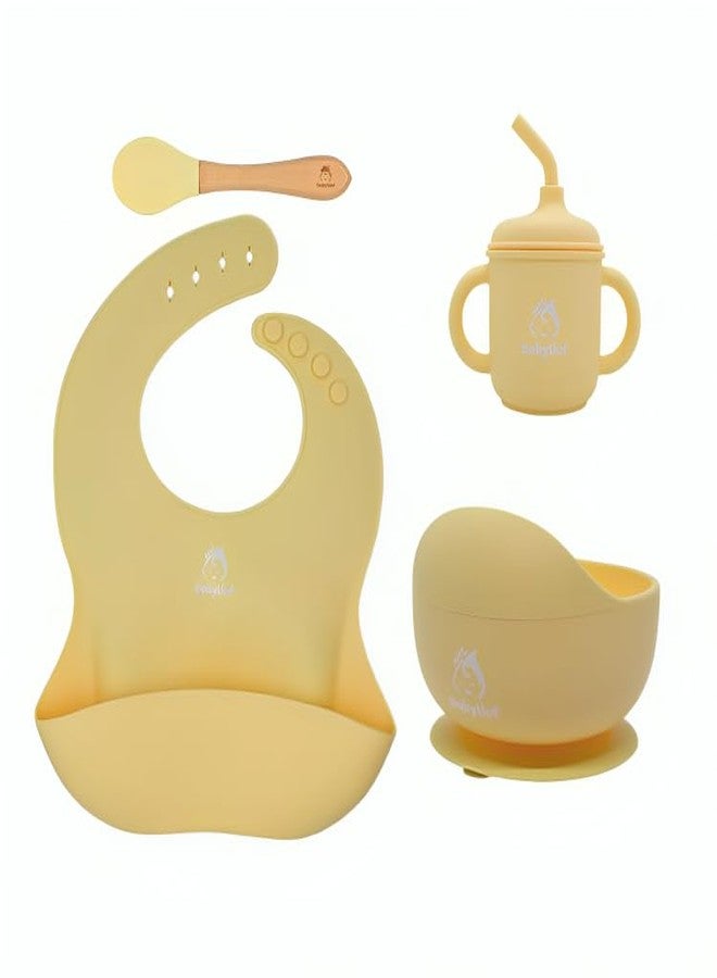 Babylief™ Baby Feeding Set, 4 Pieces, Silicone Bib, Cup with Straw, Bowl with Suction Base and Spoon, Multicolour (Butter Yellow) - Image 1