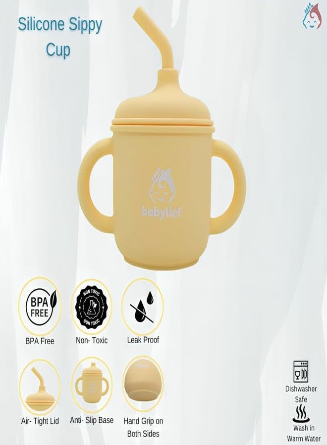 Babylief™ Baby Feeding Set, 4 Pieces, Silicone Bib, Cup with Straw, Bowl with Suction Base and Spoon, Multicolour (Butter Yellow) - Image 4
