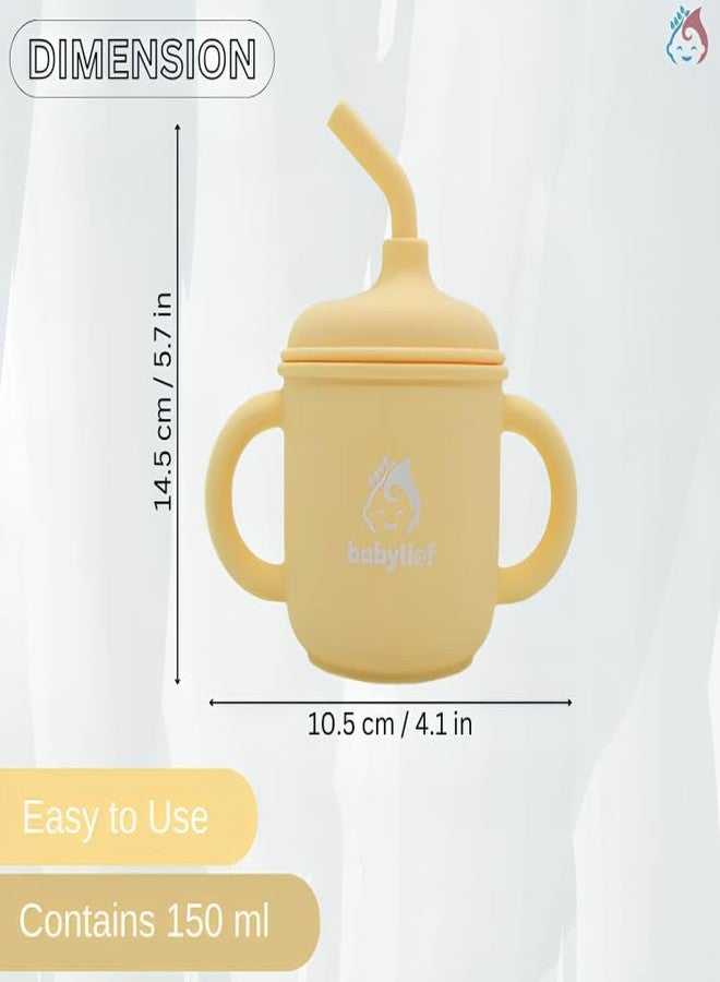 Babylief™ Baby Feeding Set, 4 Pieces, Silicone Bib, Cup with Straw, Bowl with Suction Base and Spoon, Multicolour (Butter Yellow) - Image 5
